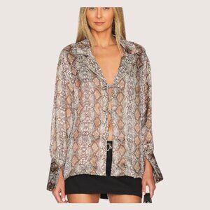 Ena Pelly Cuffed Long Sleeve Front Tie Shirt Women's Snake Skin Brown Size 6/8